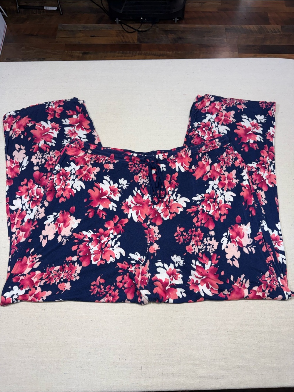 Midnight - Floral Navy Wide-Leg Lounge Pants - Pink & White Blossom Print - XL